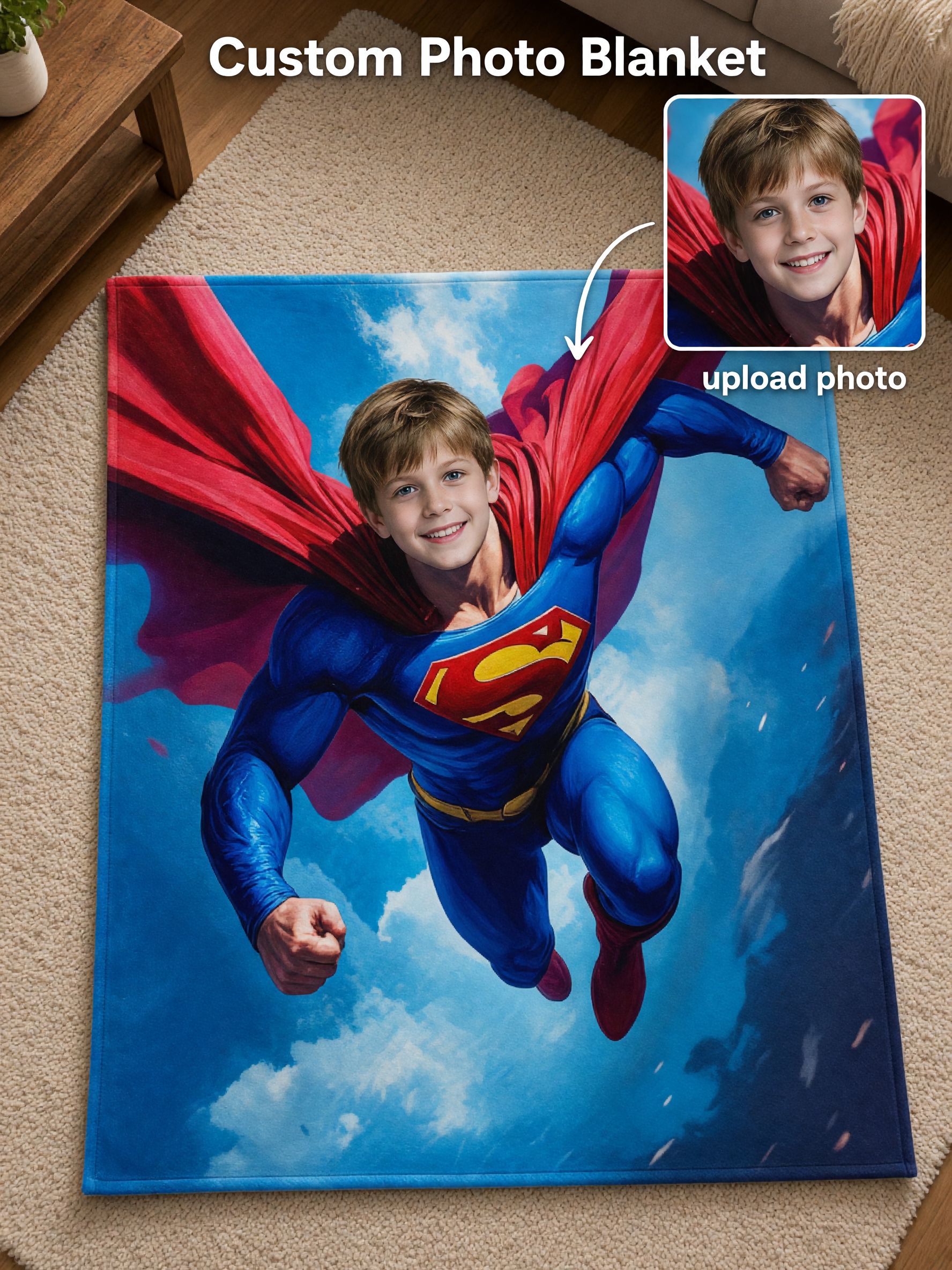 Custom Face Photo Flannel Fleece Blanket Personalized Flying Superhero Throw Cover for Bed Sofa Ideal Birthday Gift