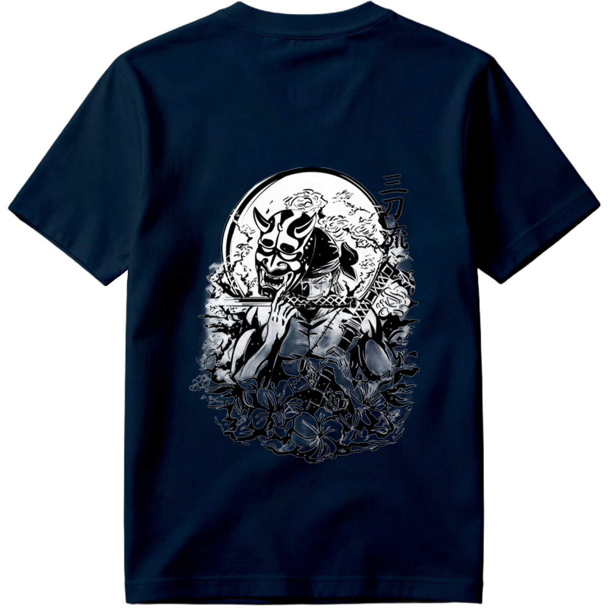 Samurai with Oni Mask and Katana in Floral Scene - Tee