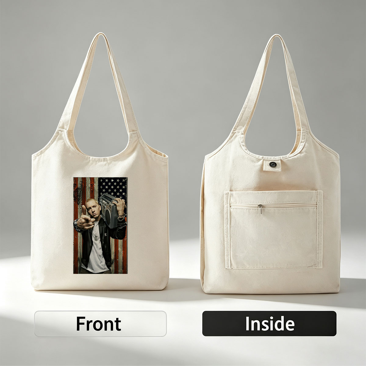 Eminem Holding Boombox Pointing at Camera Against American Flag Background - Canvas shoulder bags/