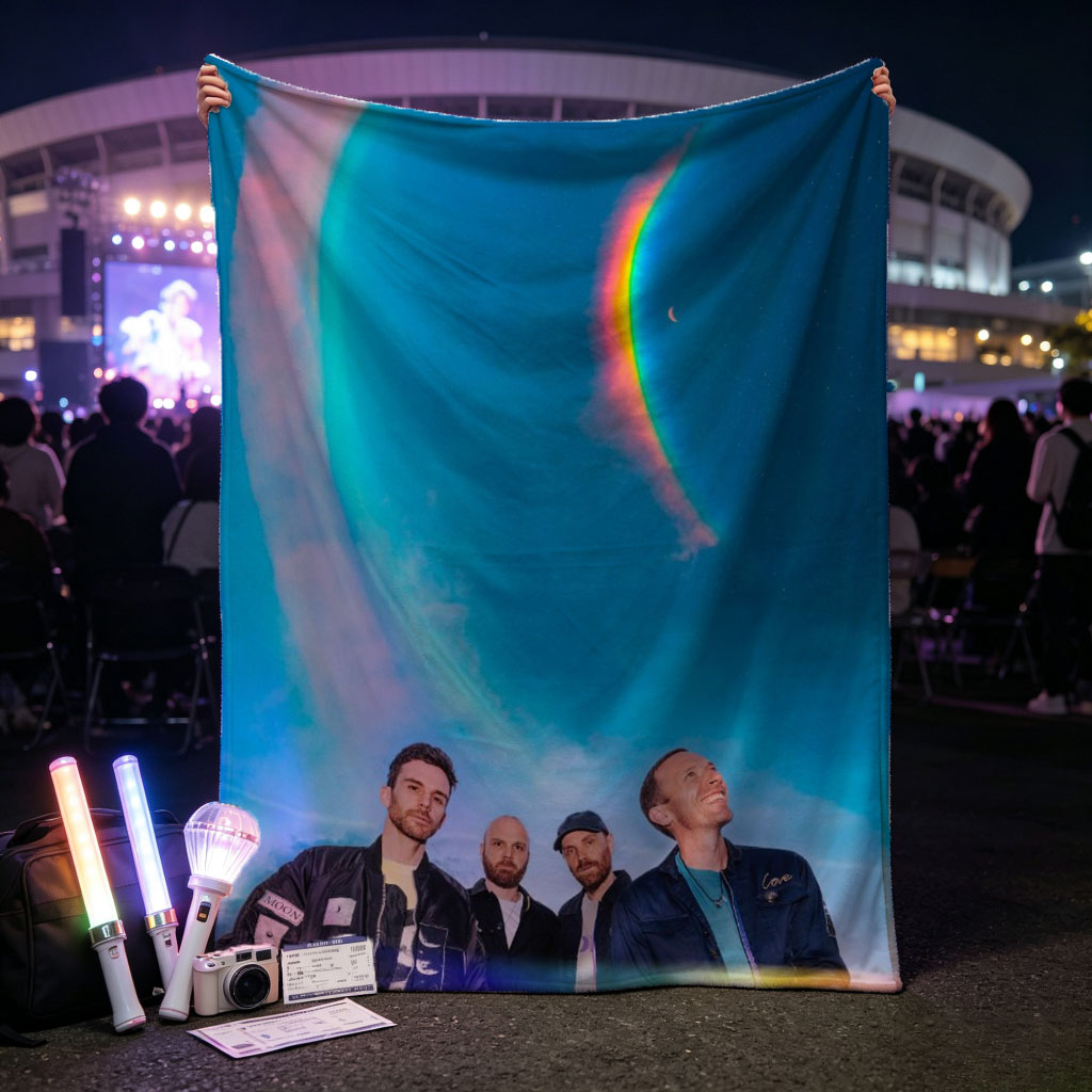 Coldplay in a Cosmic Scene with Rainbow Halo and Starry Sky Background - Blankets