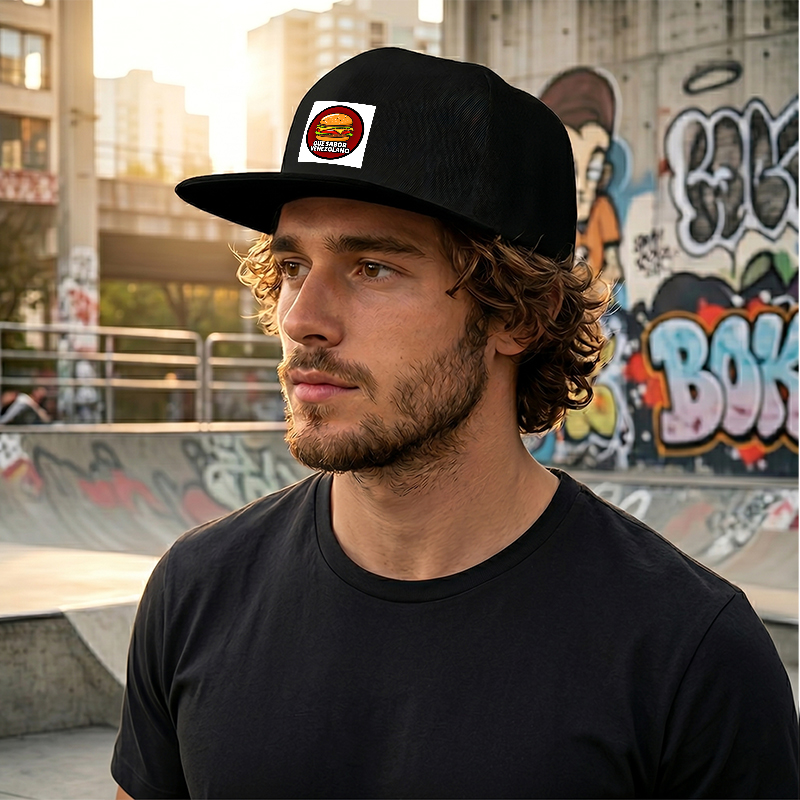 Flat Brim Baseball Cap Que Sabor Venezolano Burger Print Streetwear Underground Skate Style for Basketball Court Skate Park Urban Lifestyle Skaters Rappers Streetwear Enthusiasts