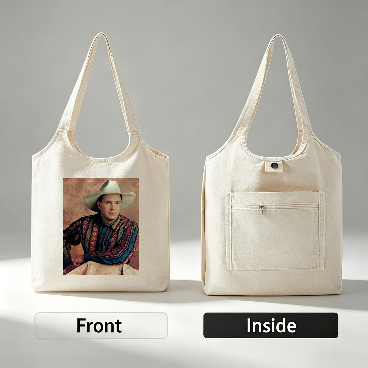 Garth Brook in Cowboy Attire with Colorful Patterned Shirt and White Hat - Canvas shoulder bags/