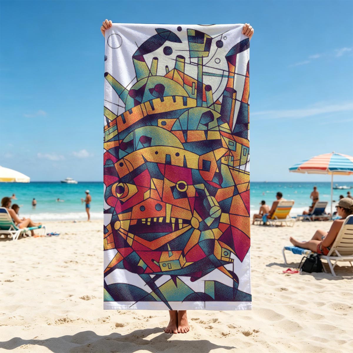 Abstract Mechanical Monster with Vibrant Geometric Design - Beach towels