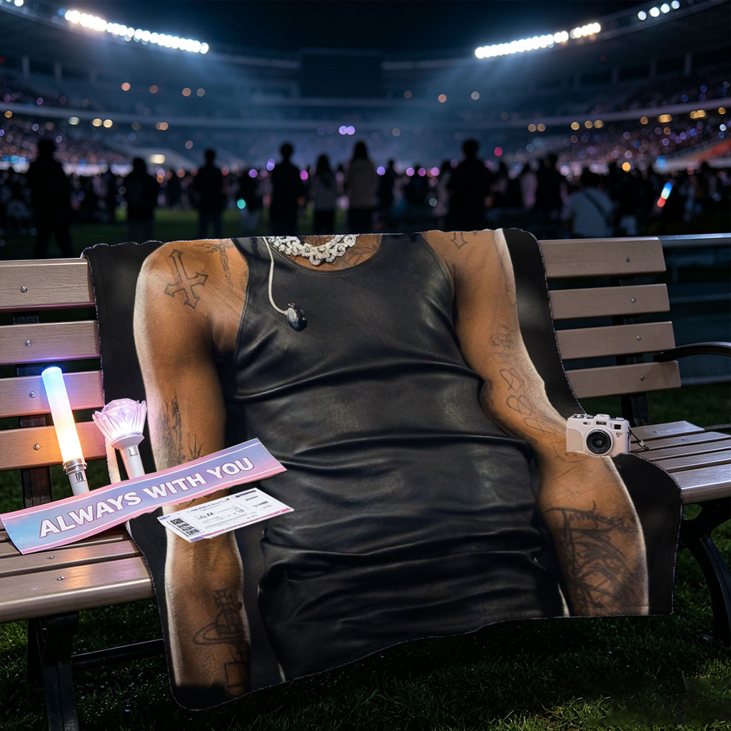 Lil Wayne on Stage Wearing Black Leather Tank Top and Headwrap with Visible Tattoos and Jewelry - Blankets