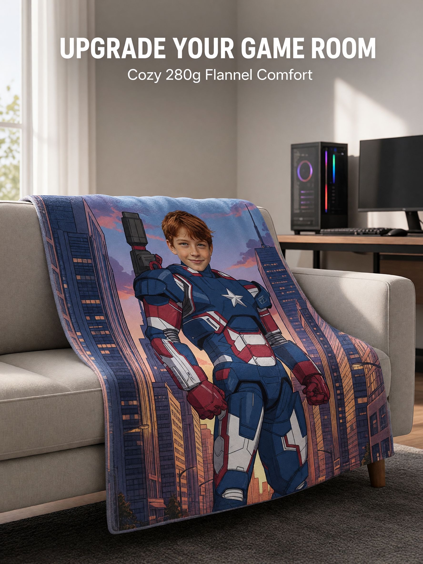 Custom Photo Face Blanket, Personalized Superhero Armor Flannel Throw, Ideal Cozy Gift for Kids and Teens