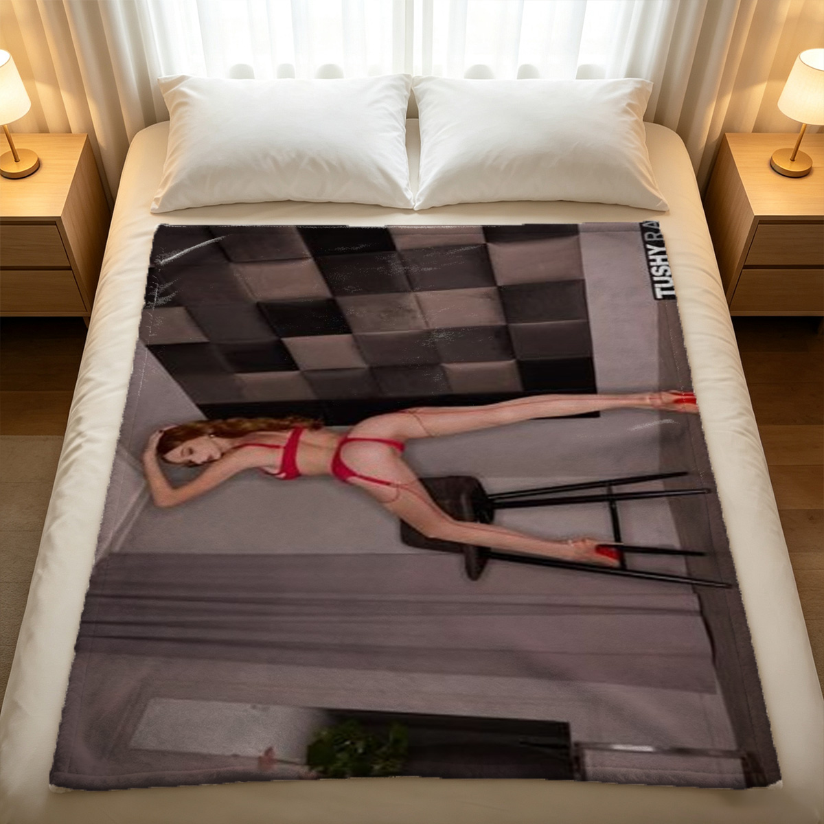 A woman in a yellow lace lingerie set posing seductively against a wall in a traditional courtyard. - Blanket