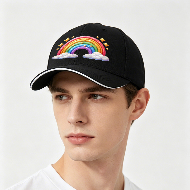 Unisex Classic Sandwich Hat with Rainbow and Cloud Print - Perfect for Outdoor Activities, Festivals, and Casual Wear - Ideal for Adults and Teens Seeking Fun, Colorful Headwear