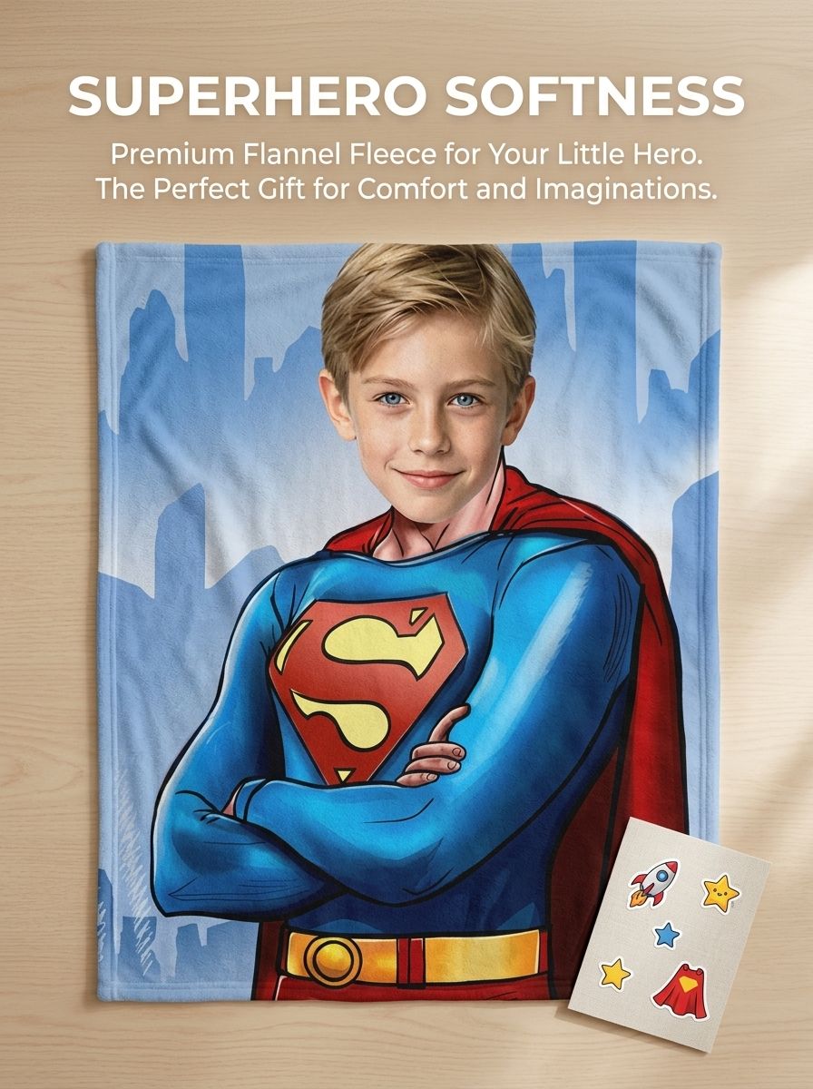 Custom Photo Superhero Flannel Fleece Blanket Personalized Face Portrait Throw for Kids Adults Cozy Home Decor Gift
