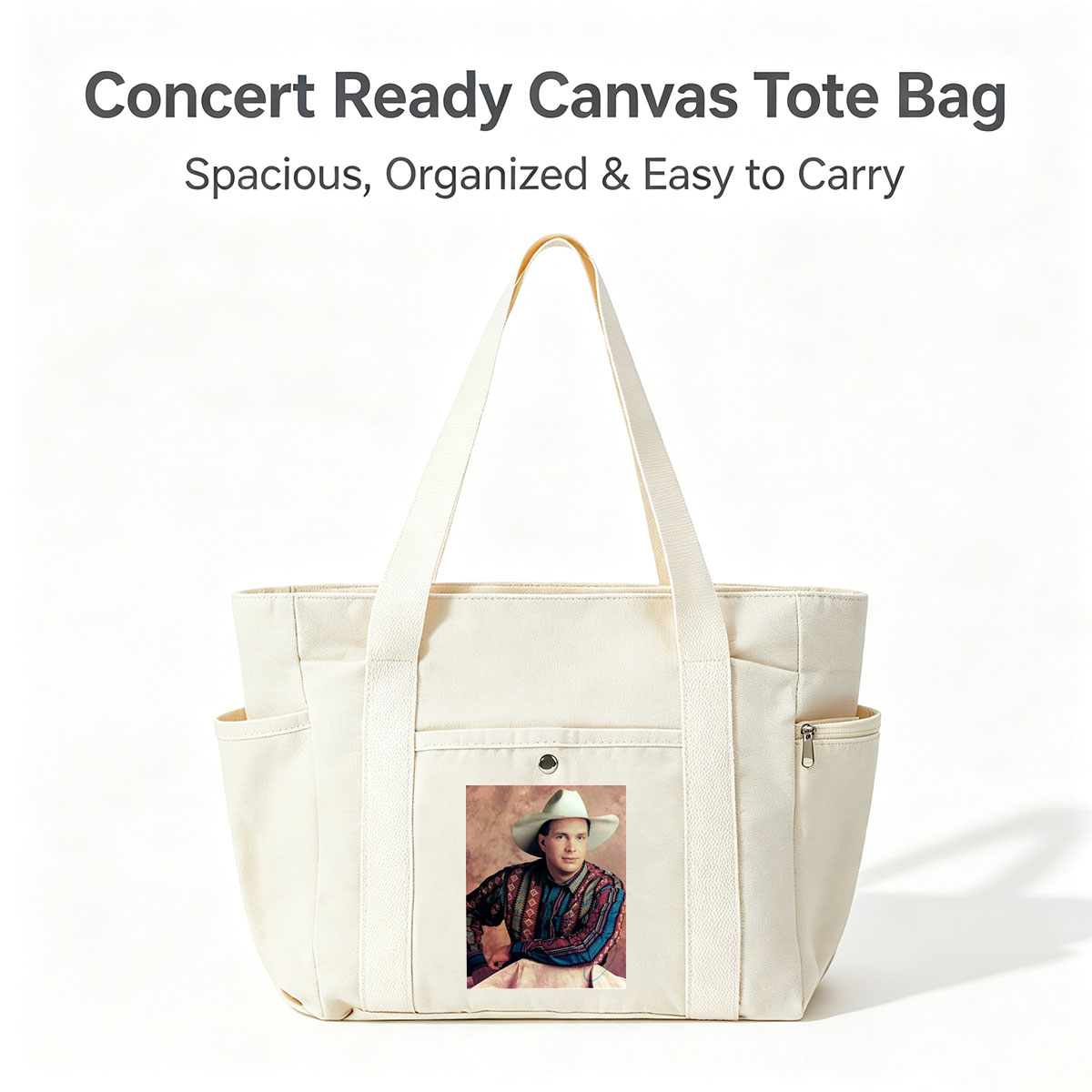 Garth Brook in Cowboy Attire with Colorful Patterned Shirt and White Hat - Multi-pocket bags