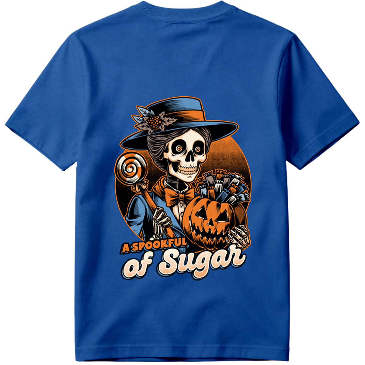 A Spookful of Sugar: Skeleton Lady with Pumpkin and Candy - Tee