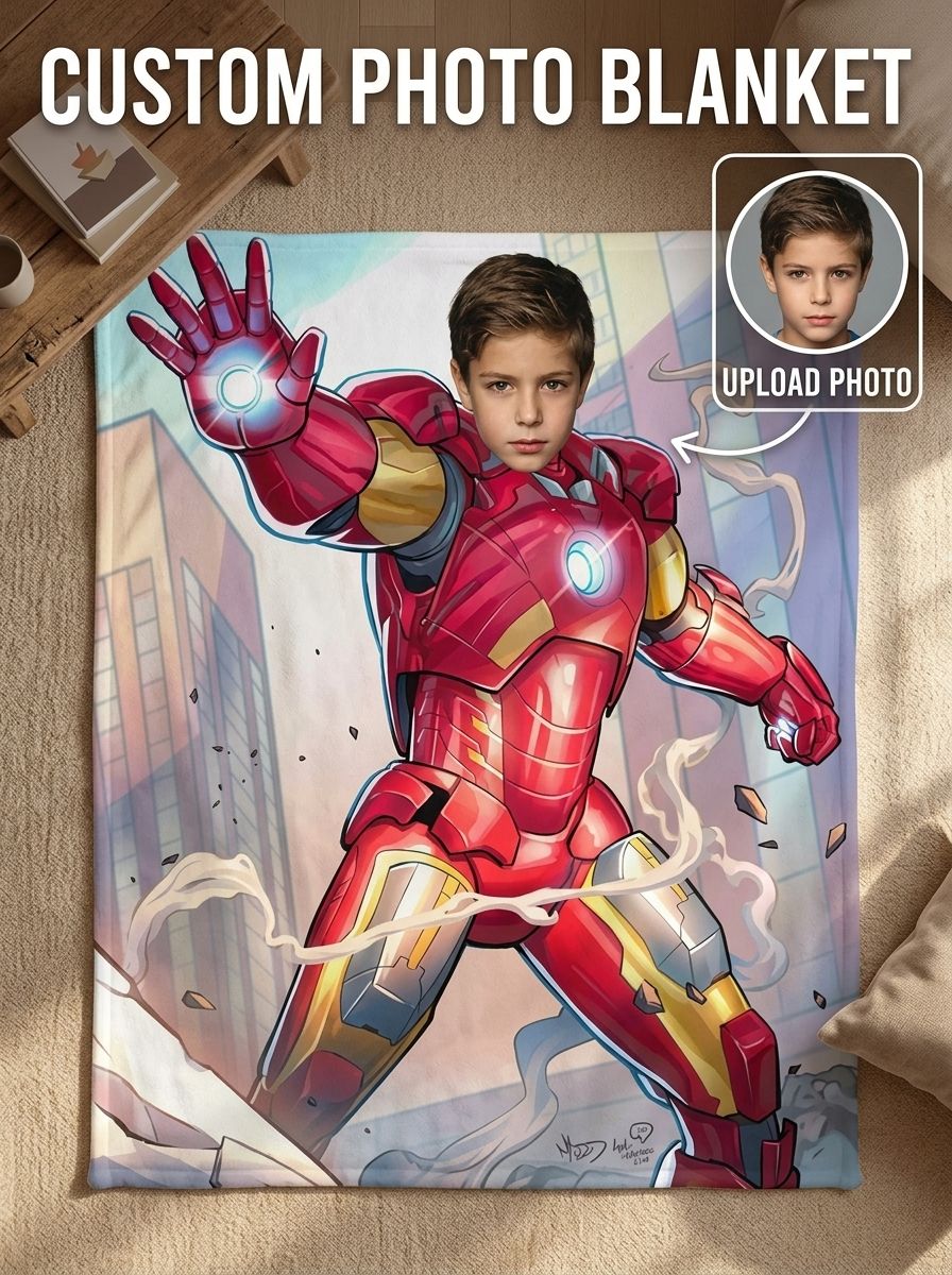 Personalized Superhero Photo Blanket Custom Face Flannel Fleece Throw Soft Skin-Friendly Bedding Gift for Kids