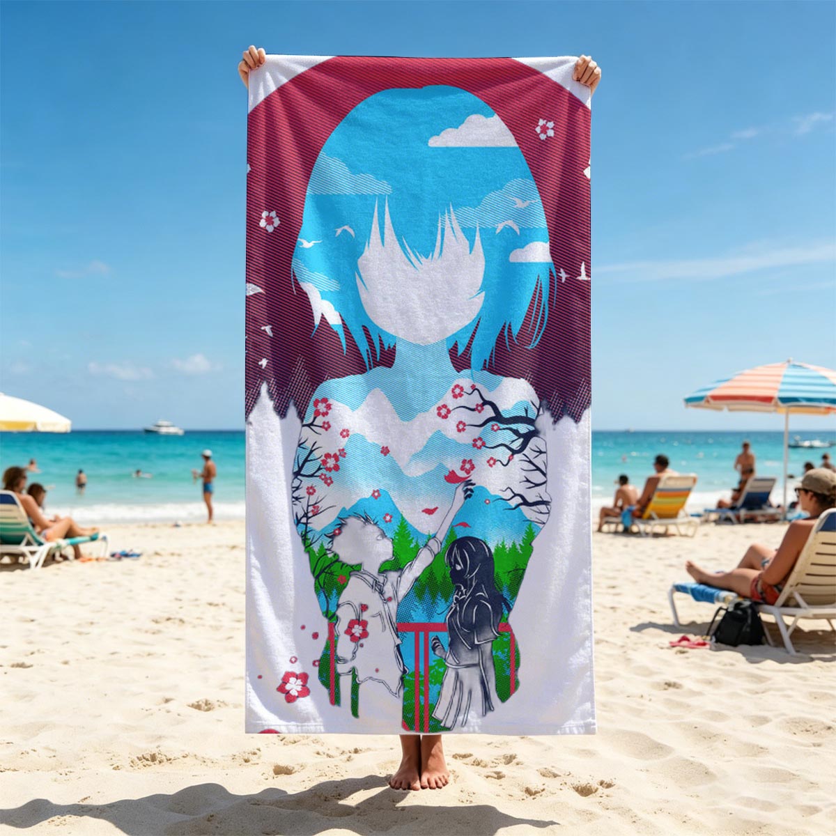 Two Figures Under Cherry Blossoms with Mountain Landscape and Sky Background - Beach towels