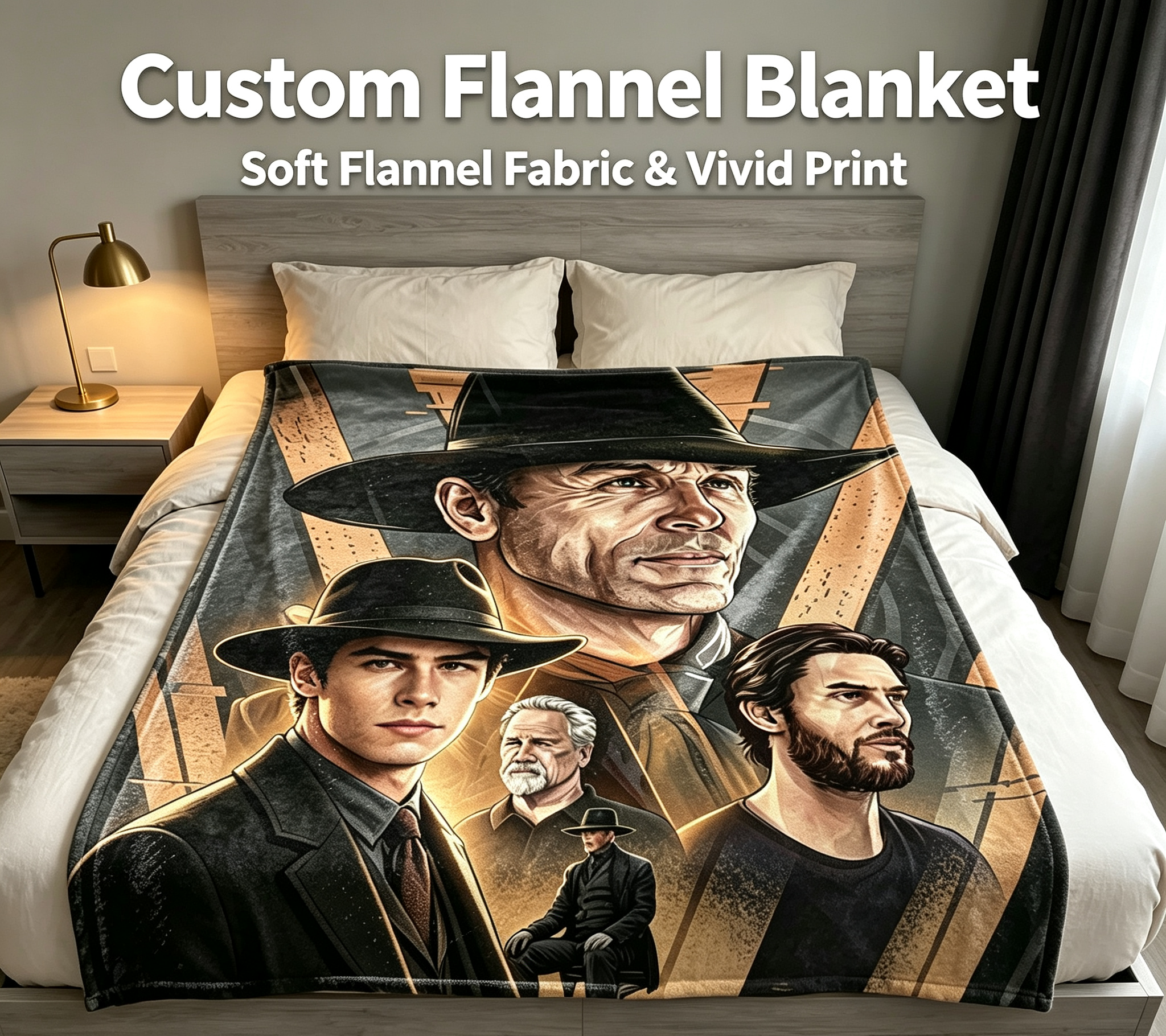 Custom Face Blanket Featuring Iconic Characters in Classic Fedoras Flannel Blanket Perfect for Cozy Nights and Movie Fan Gifts