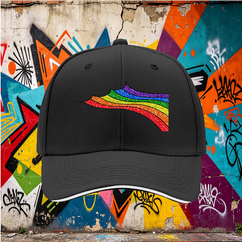 Unisex Classic Sandwich Hat with Glitter Rainbow Print Design | Lightweight Sun Protection Cap for Outdoor Activities, Beach, Travel, and Pride Events | Suitable for Adults Seeking Stylish and Comfortable Headwear