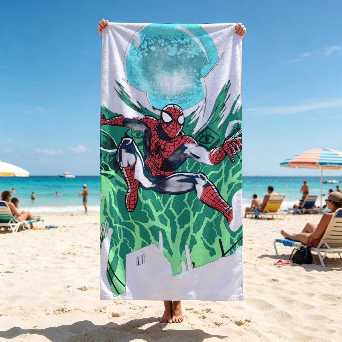 Spider-Man Swings Through the City Under a Glowing Moon - Beach towels