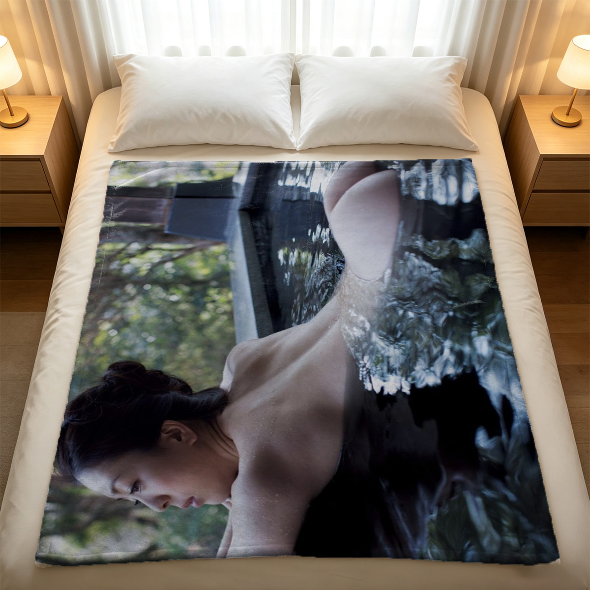 Rina Ikoma in White Lingerie by Window - Blanket