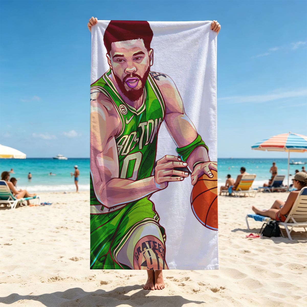 Jayson Tatum in Celtics Jersey Dribbling Basketball - Beach towels