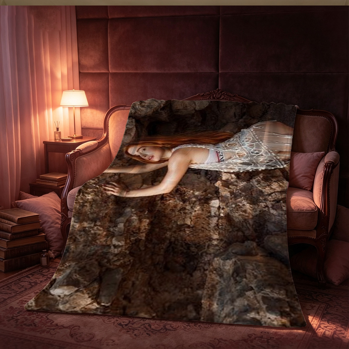 Naked Taylor Hill in black stockings, looking back in luxury bedroom - Blanket