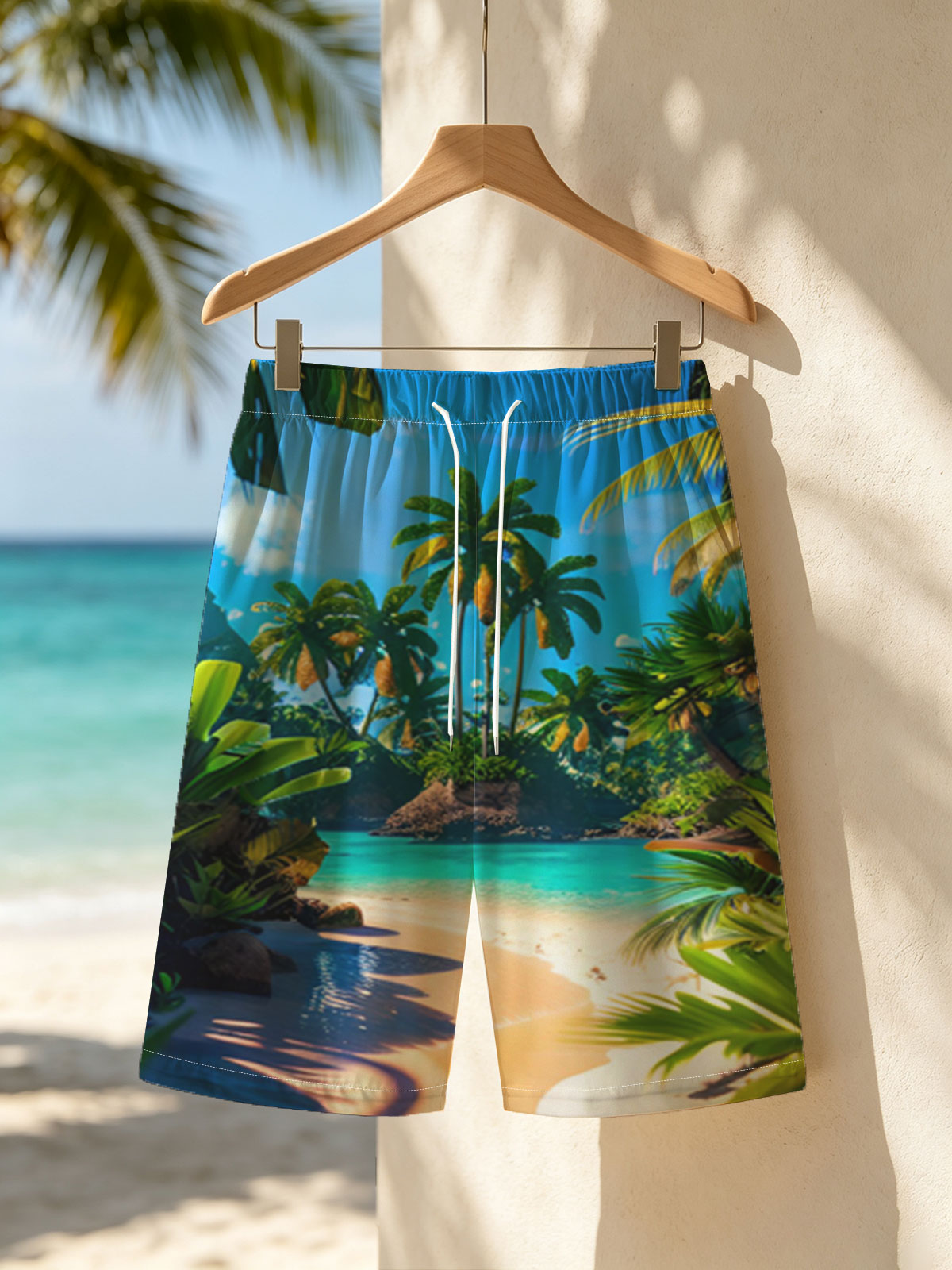 Tropical Paradise Beach with Palm Trees and Crystal Clear Water -  Beach shorts
