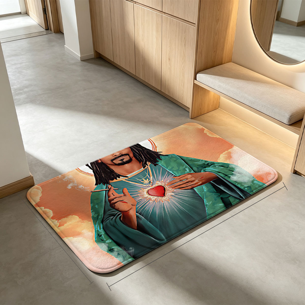 Snoop Dogg as Sacred Heart Saint, Holding Cigarette with Divine Halo and Radiant Heart - Flannel floor mat
