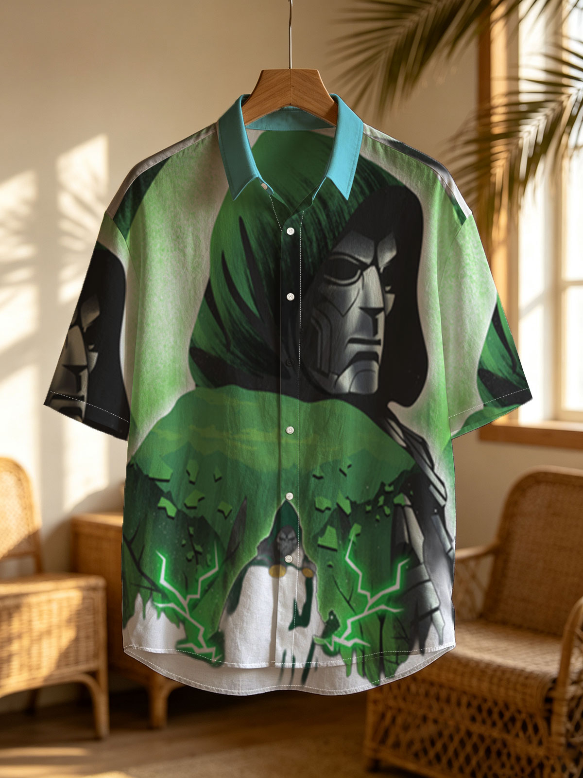 Doctor Doom and Doctor Strange in a mystical confrontation, green energy crackling between them against a glowing moon backdrop. -  Shirt