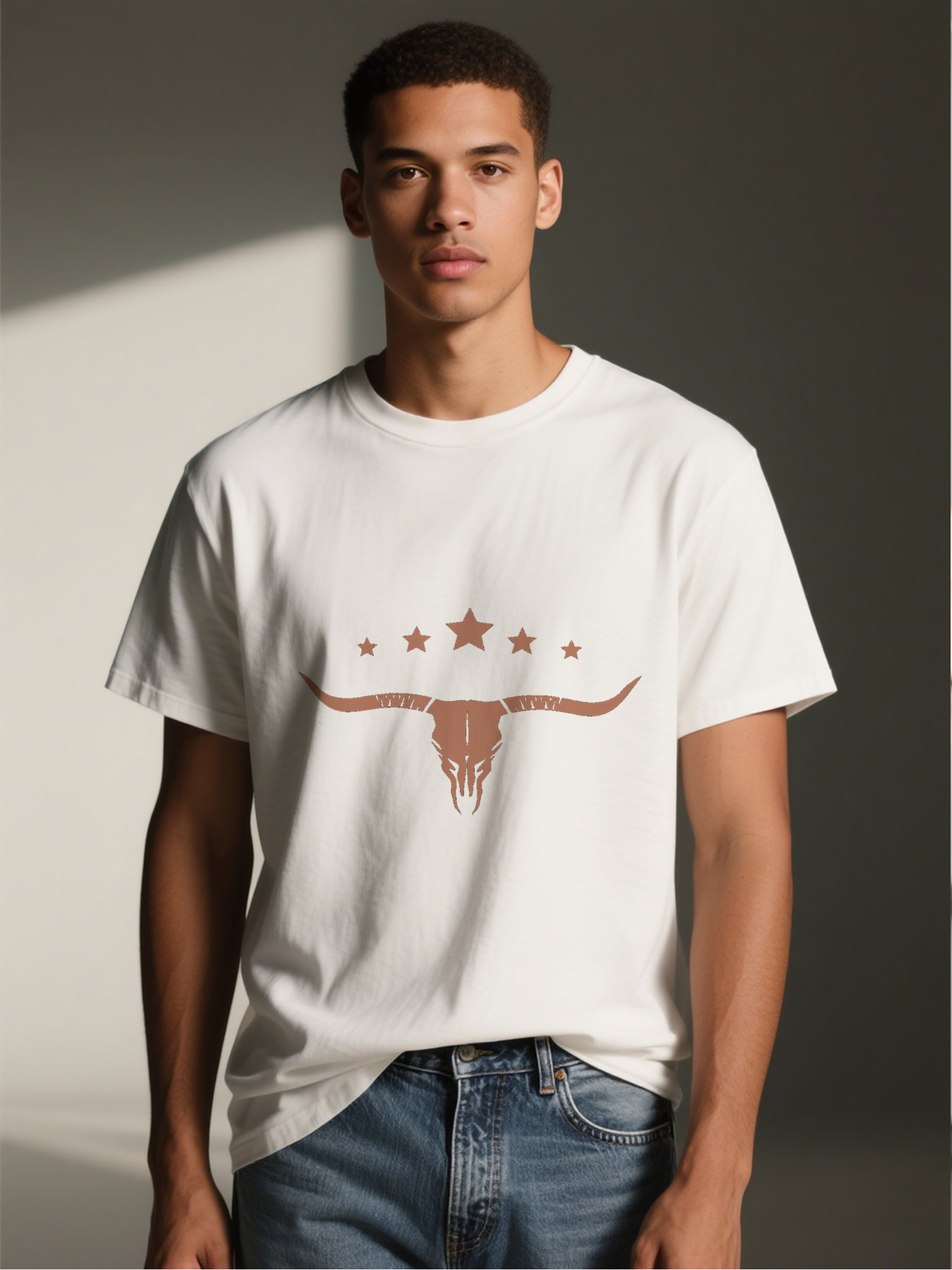 Men's Printed T-Shirt Longhorn Skull with Stars Graphic Casual Round Neck Lightweight Breathable Summer Short Sleeve Tee for Outdoor Camping Hunting Fans and Western Style Lovers