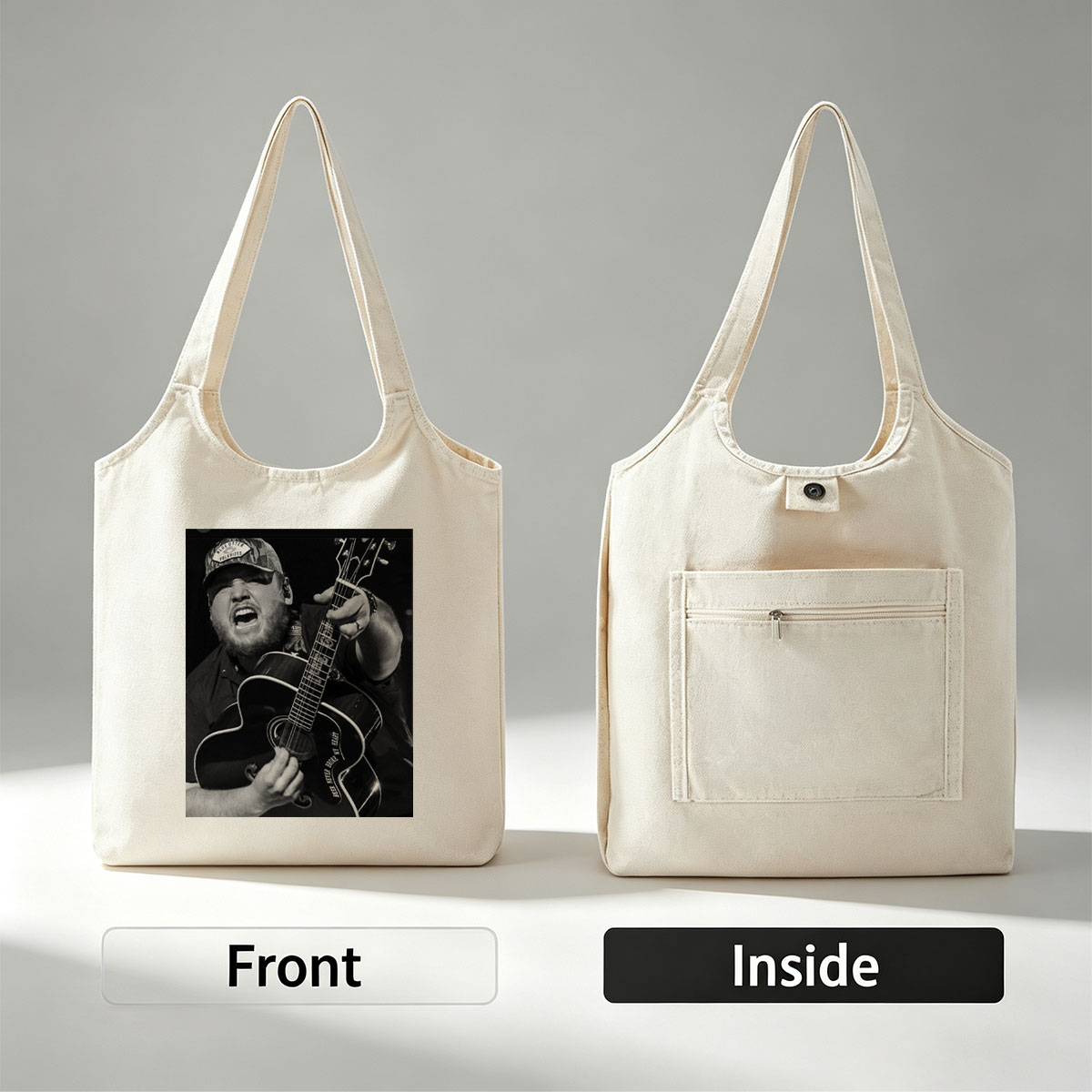 Luke Combs Performing with Acoustic Guitar in Black and White Photo - Canvas shoulder bags/