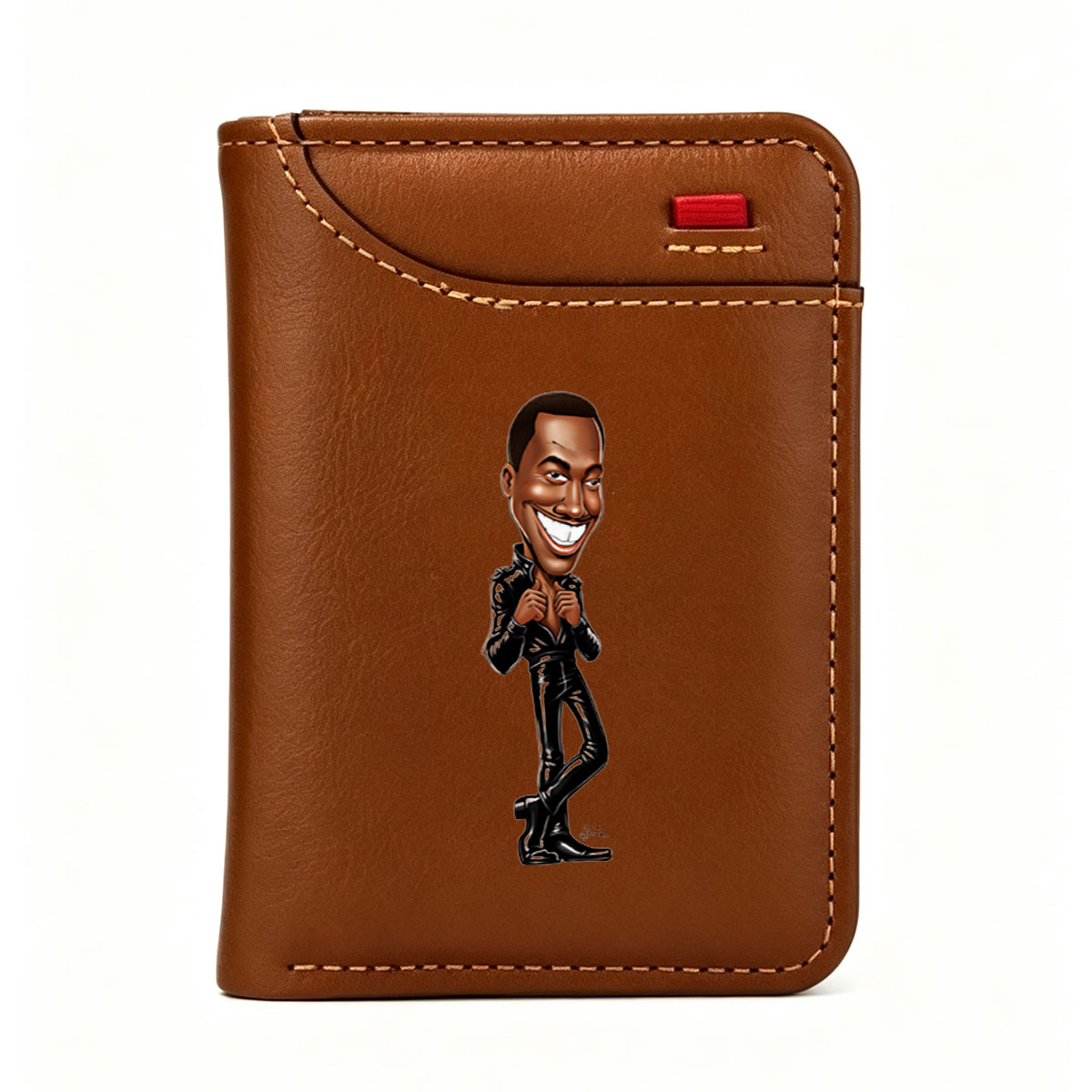 Caricature of a smiling man in a black leather outfit, adjusting his jacket with a confident pose. - Vertical Style Wallet