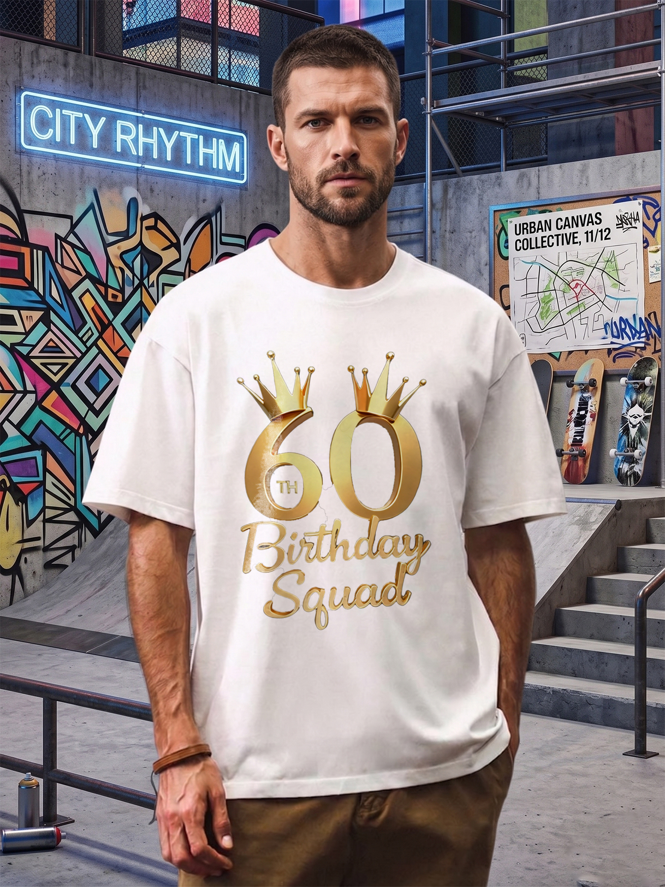 Men's Printed T-Shirt 60th Birthday Squad Gold Crown Design Casual Round Neck Summer Lightweight Breathable Short Sleeve T-Shirt for Birthday Celebration Party Adult Men and Women