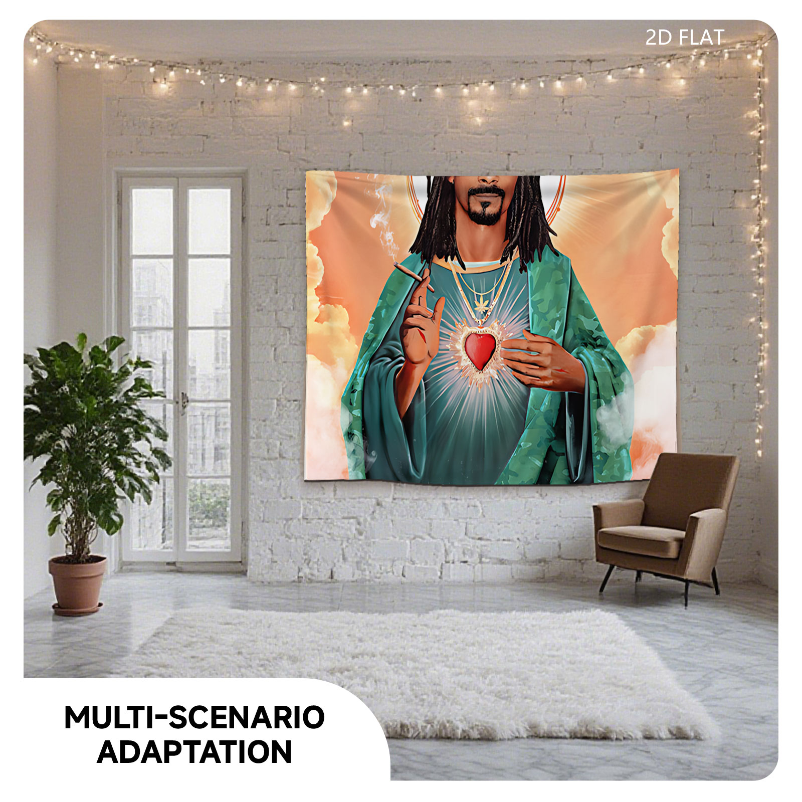 Snoop Dogg as Sacred Heart Saint, Holding Cigarette with Divine Halo and Radiant Heart - Tapestry