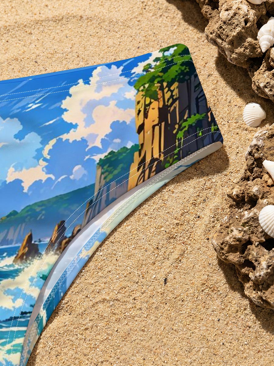 Ocean Waves Crashing Against Rocky Coastline Under Blue Sky -  Men's swim trunks