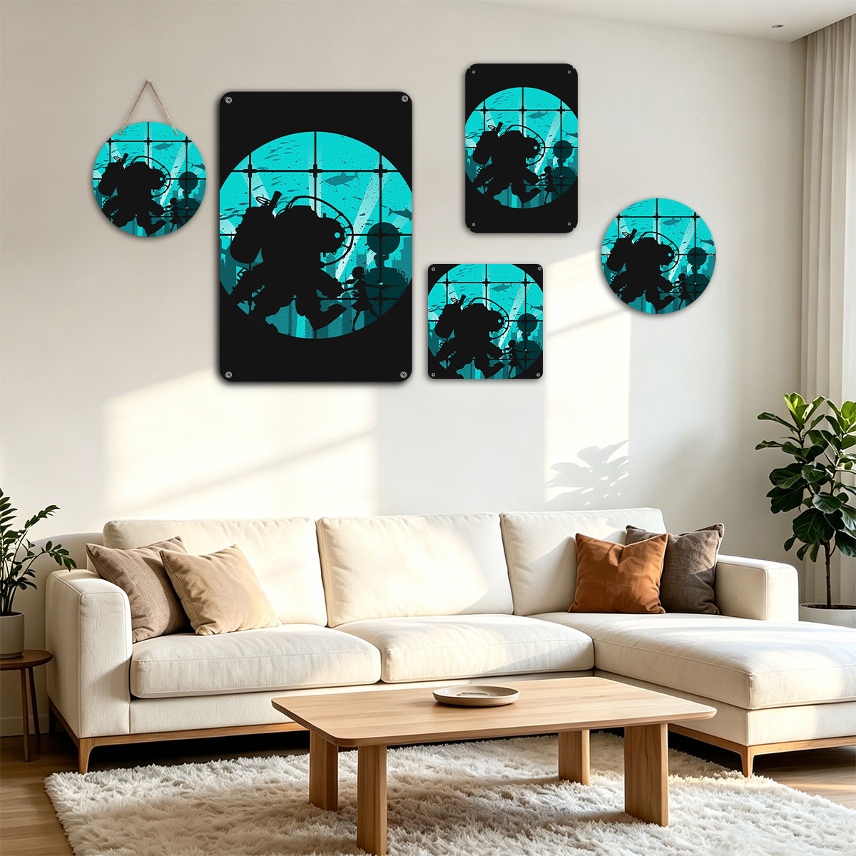 Deep Sea Diver and Child in Underwater City Silhouette - painting