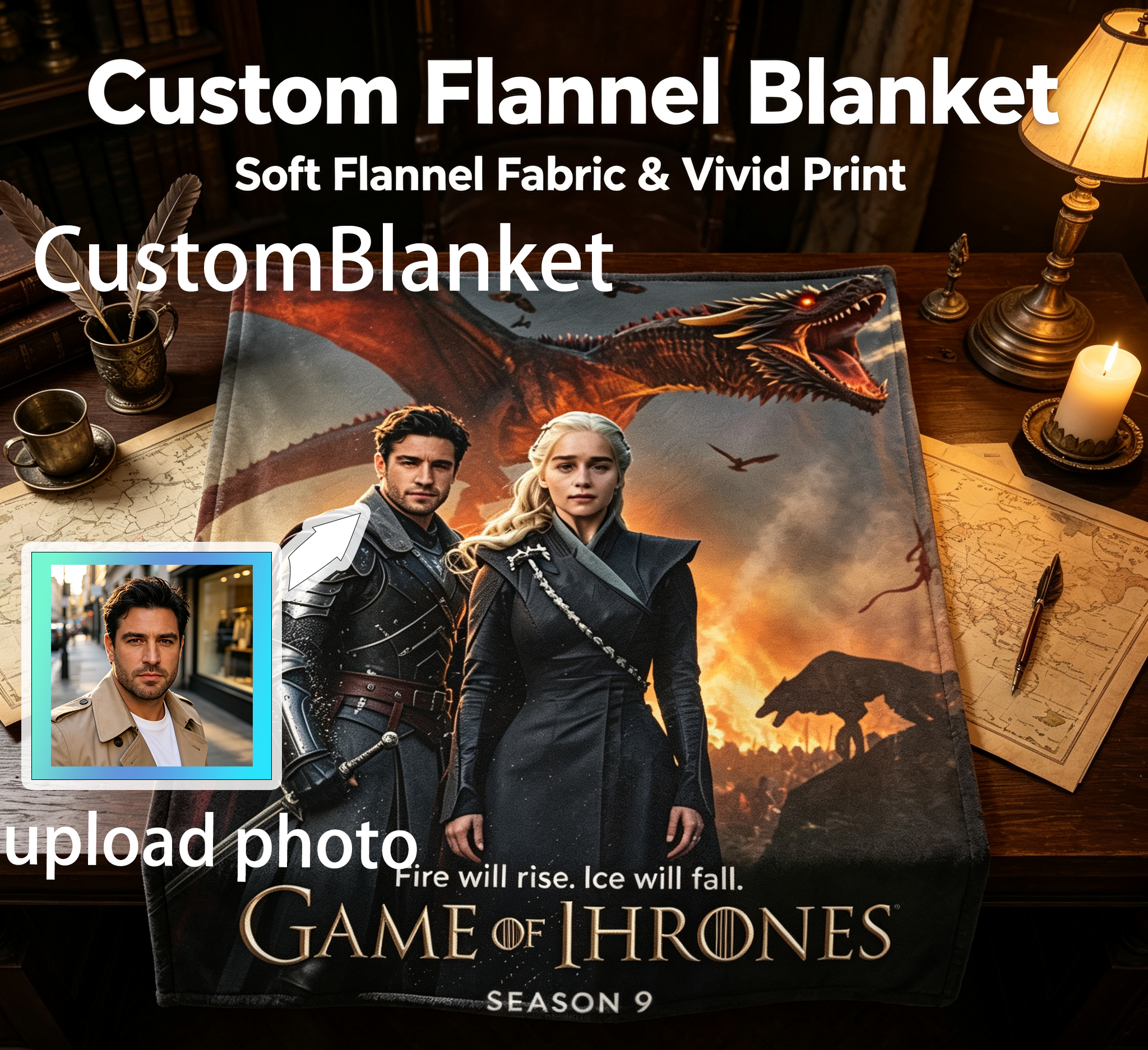 Custom Face Blanket Game of Thrones Season 9 Flannel Blanket for Couch, Bed, or Travel Perfect Gift for Fans and Collectors