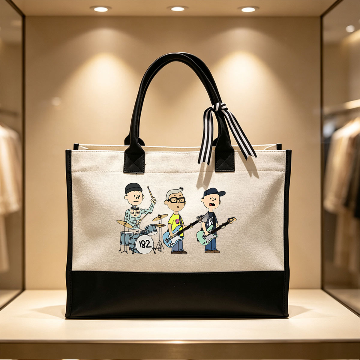 Cartoon Band: Drummer, Bassist, and Guitarist Playing Music Together - Canvas patchwork gift tote bag