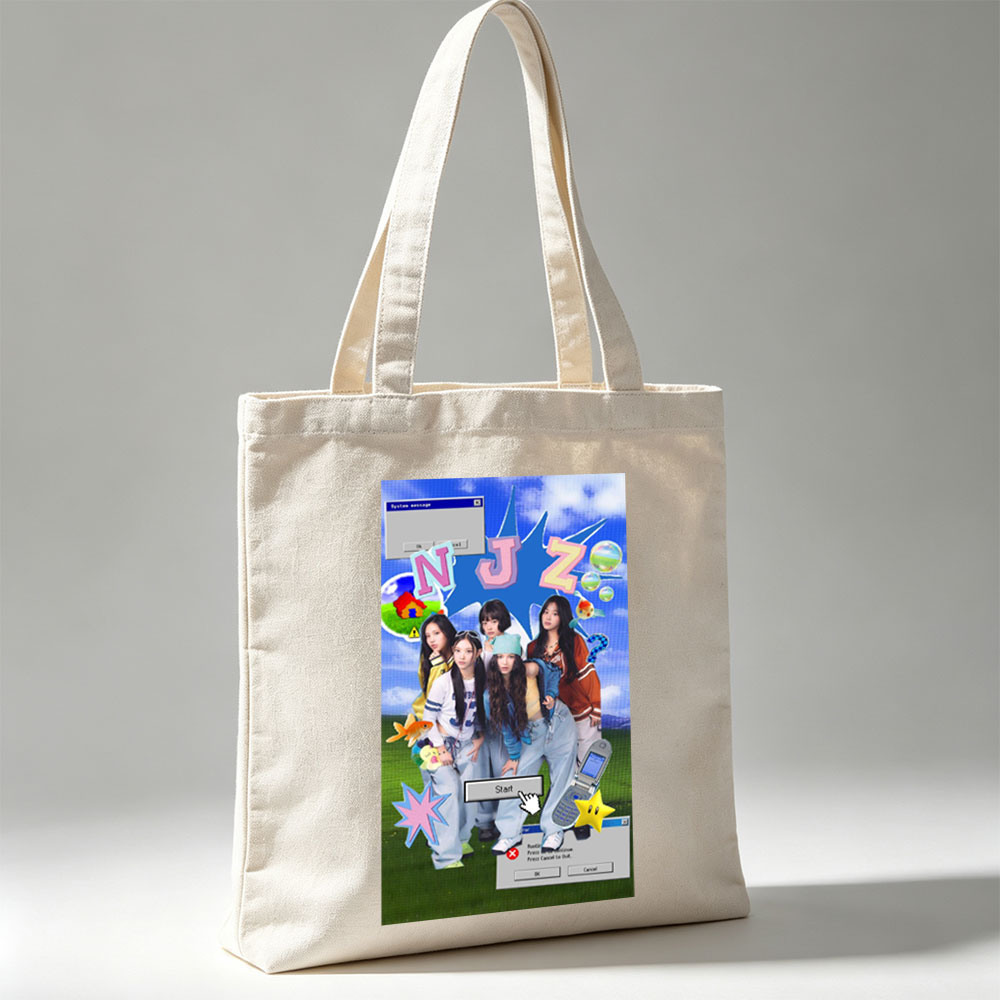 NewJeans Group Photo with Retro Game Interface and Colorful Elements - Canvas tote bags