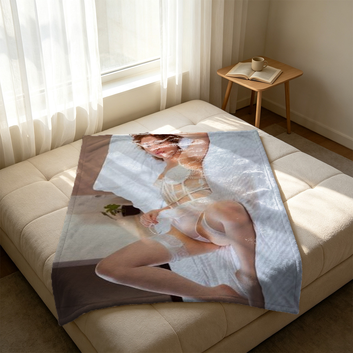 Nude Brunette Sitting on Suitcase in Front of Union Jack Flag - Blanket