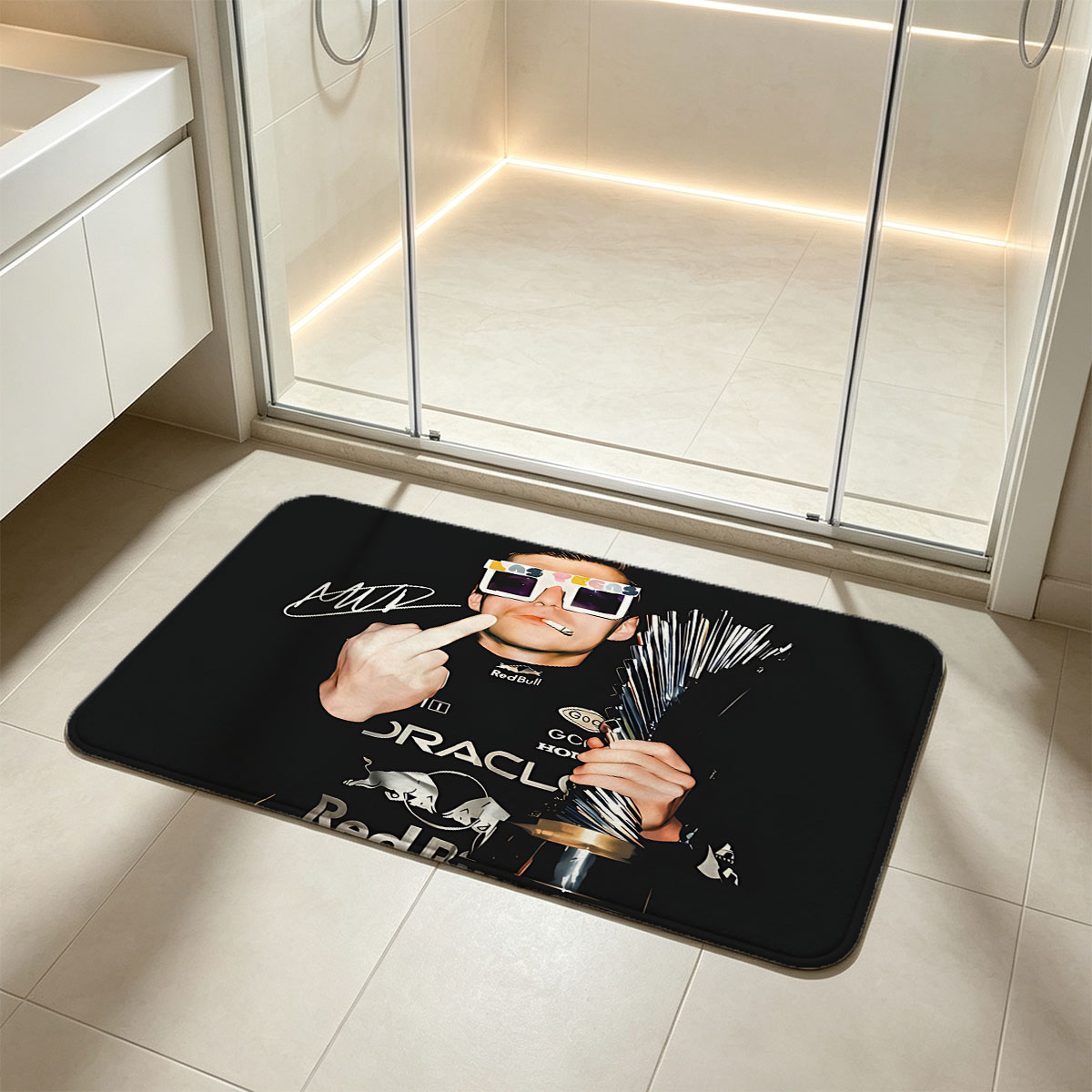 Max Verstappen in Red Bull Racing Gear, Holding Trophy and Wearing Las Vegas Sunglasses - Flannel floor mat