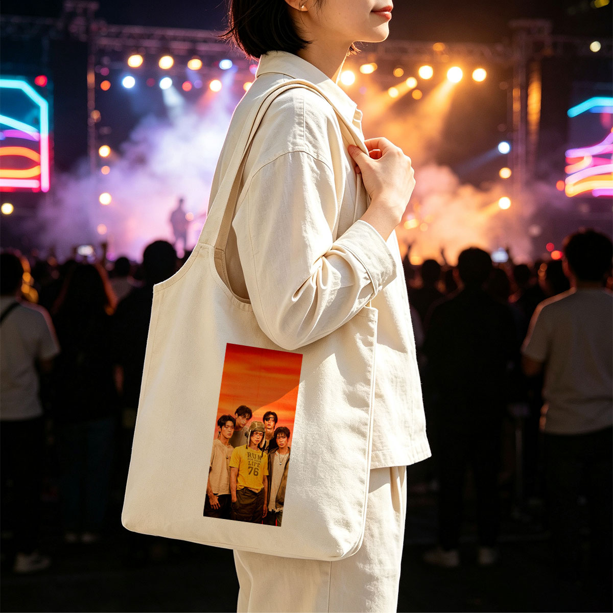 TXT Members in a Bold Group Pose Against a Vibrant Orange Sky Background - Canvas shoulder bags/