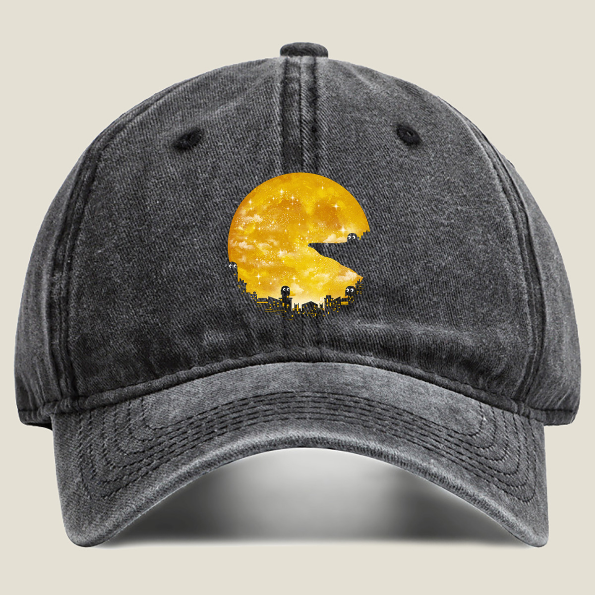 Pac-Man Cityscape Under the Moon - Washed Denim - Baseball Cap