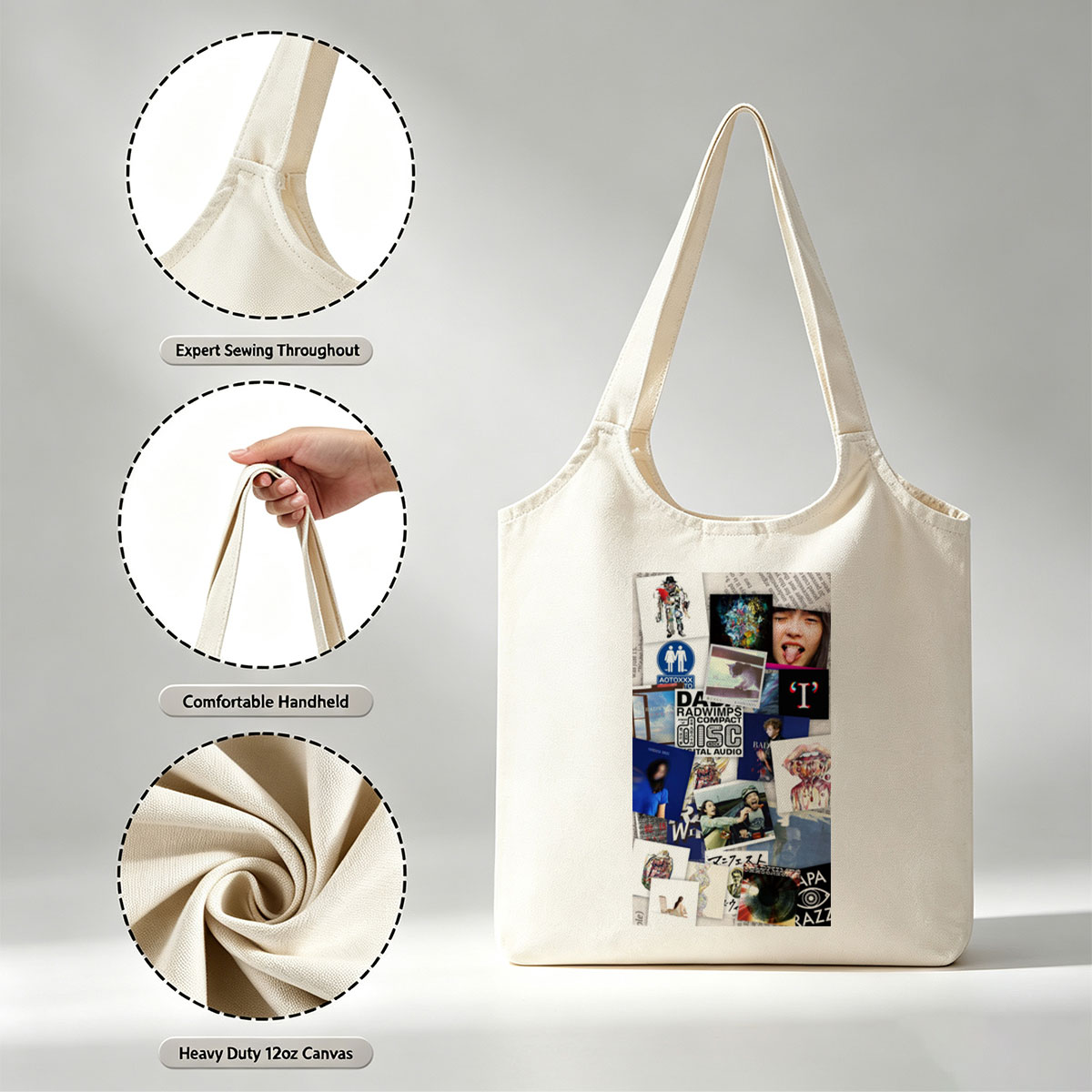 RADWIMPS Music Collage Featuring Album Art, Band Members, and Abstract Imagery - Canvas shoulder bags/