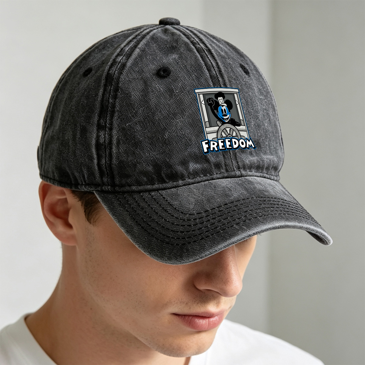 Mickey Mouse Freedom Steering Wheel Design - Washed Denim - Baseball Cap