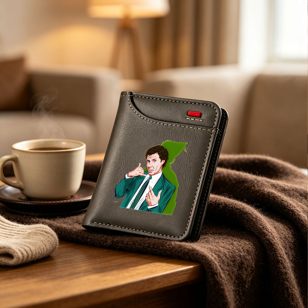 Will Ferrell as Ron Burgundy in Anchorman, making a phone gesture with expressive hands and a green suit. - Vertical Style Wallet