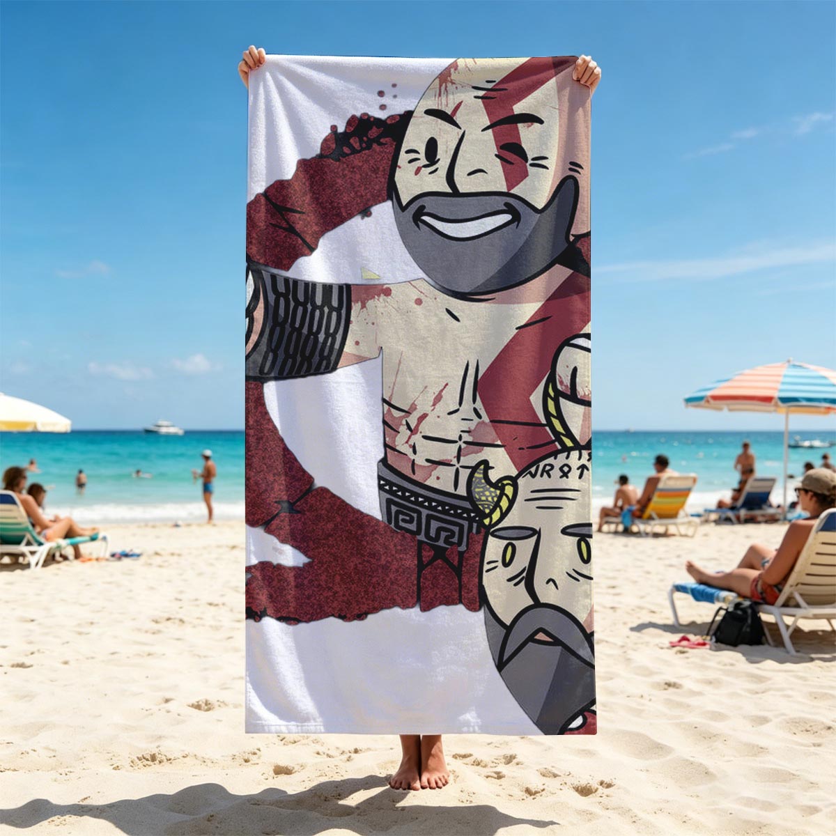 Kratos and Zeus in a stylized battle scene, Kratos giving a thumbs-up with Zeus's head at his feet - Beach towels
