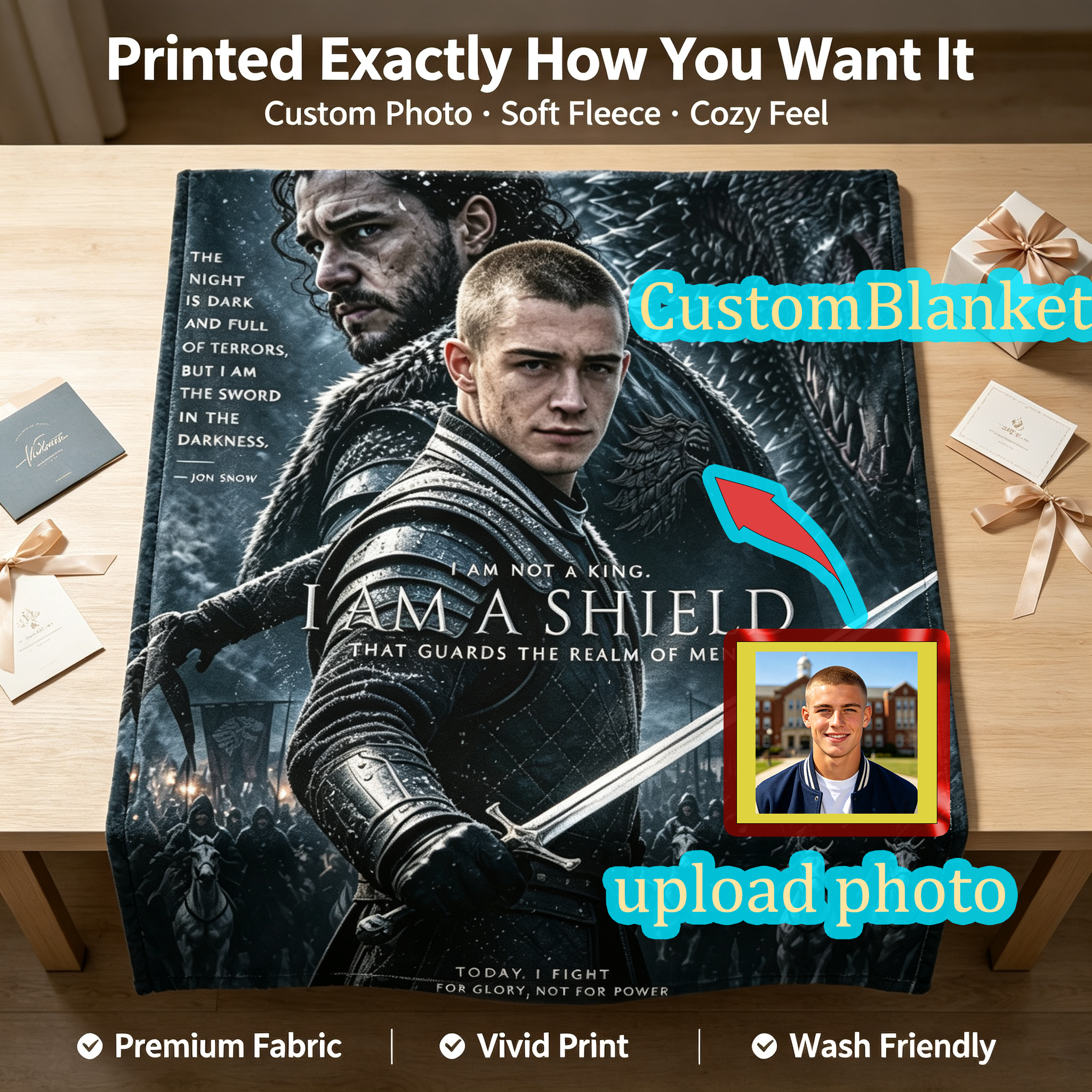 Custom Face Blanket Game of Thrones Jon Snow and Arya Stark Flannel Blanket for Couch, Bed, or Travel – Perfect Gift for Fans of HBO Series and Fantasy Lovers