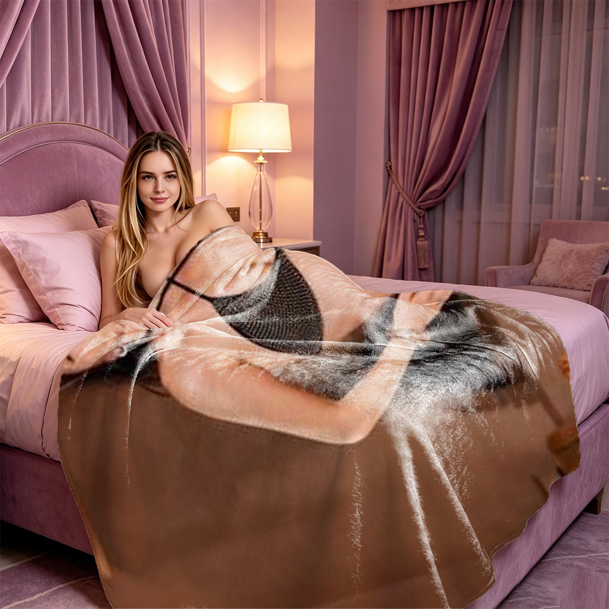 Nude Blonde Pulling Down Towel in Modern Living Room - Blanket