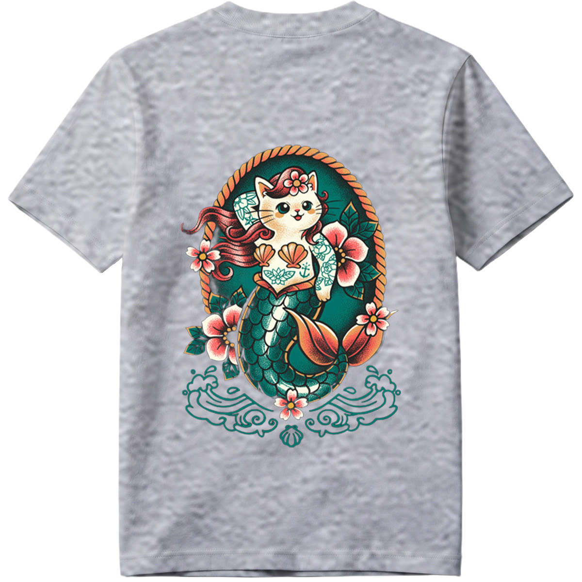 Mermaid Cat with Floral Tattoo Design - Tee