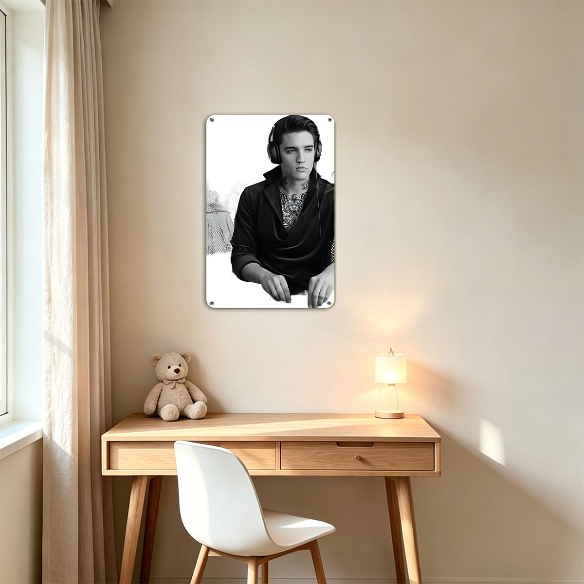 Elvis Presley as a DJ with headphones, tattoos, and a woman in a vintage dress in the background. - painting
