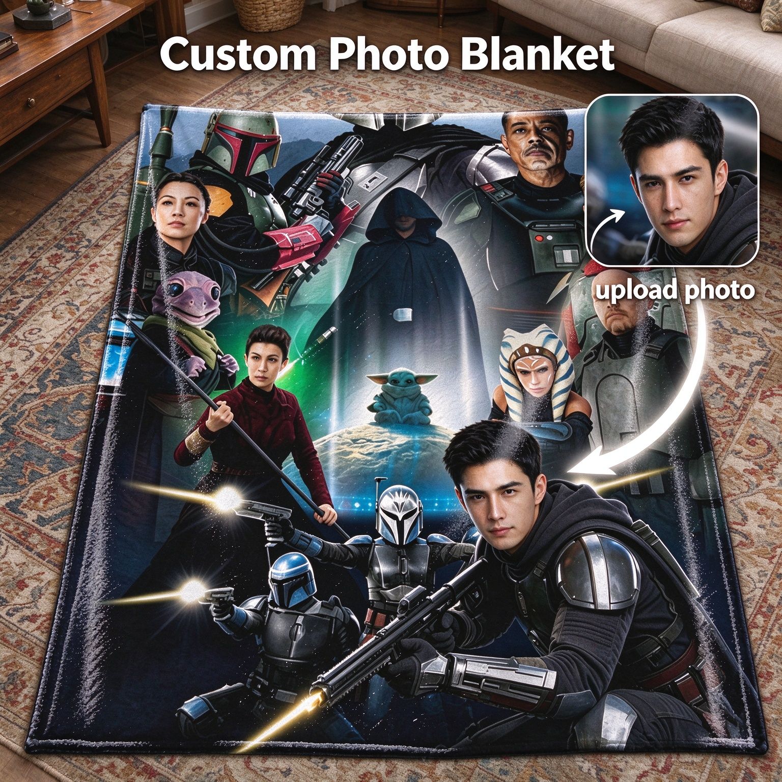 Custom Face Flannel Throw Blanket Personalized Sci-Fi Galaxy Hero Portrait Cozy Warm Fleece Bed Couch Cover Ideal