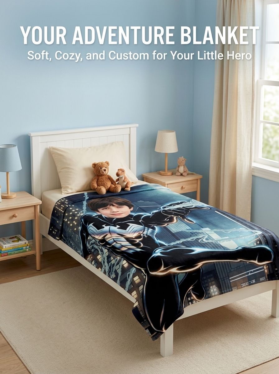 Personalized Superhero Photo Face Flannel Blanket Custom Cozy Bedding Throw Fleece Gift for Kids and Teens