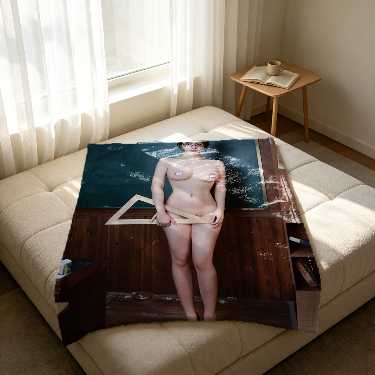 A woman in a blue lingerie with pearl necklace eating a cherry. - Blanket